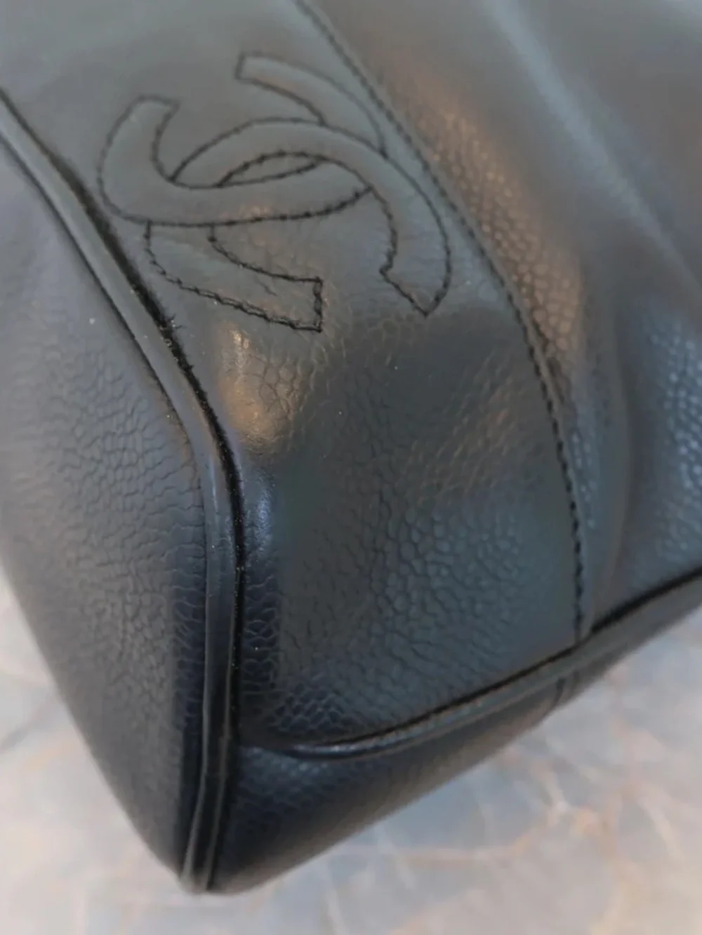 Authentic CHANEL triple CC black caviar leather shopping tote